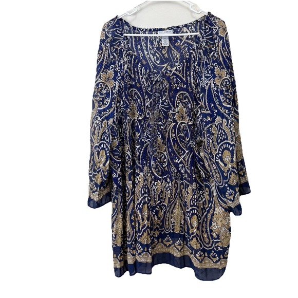 Catherines Navy Blue‎ Gold Paisley Beaded Crinkle Bell Sleeve Pleated Blouse 4X - Picture 1 of 9